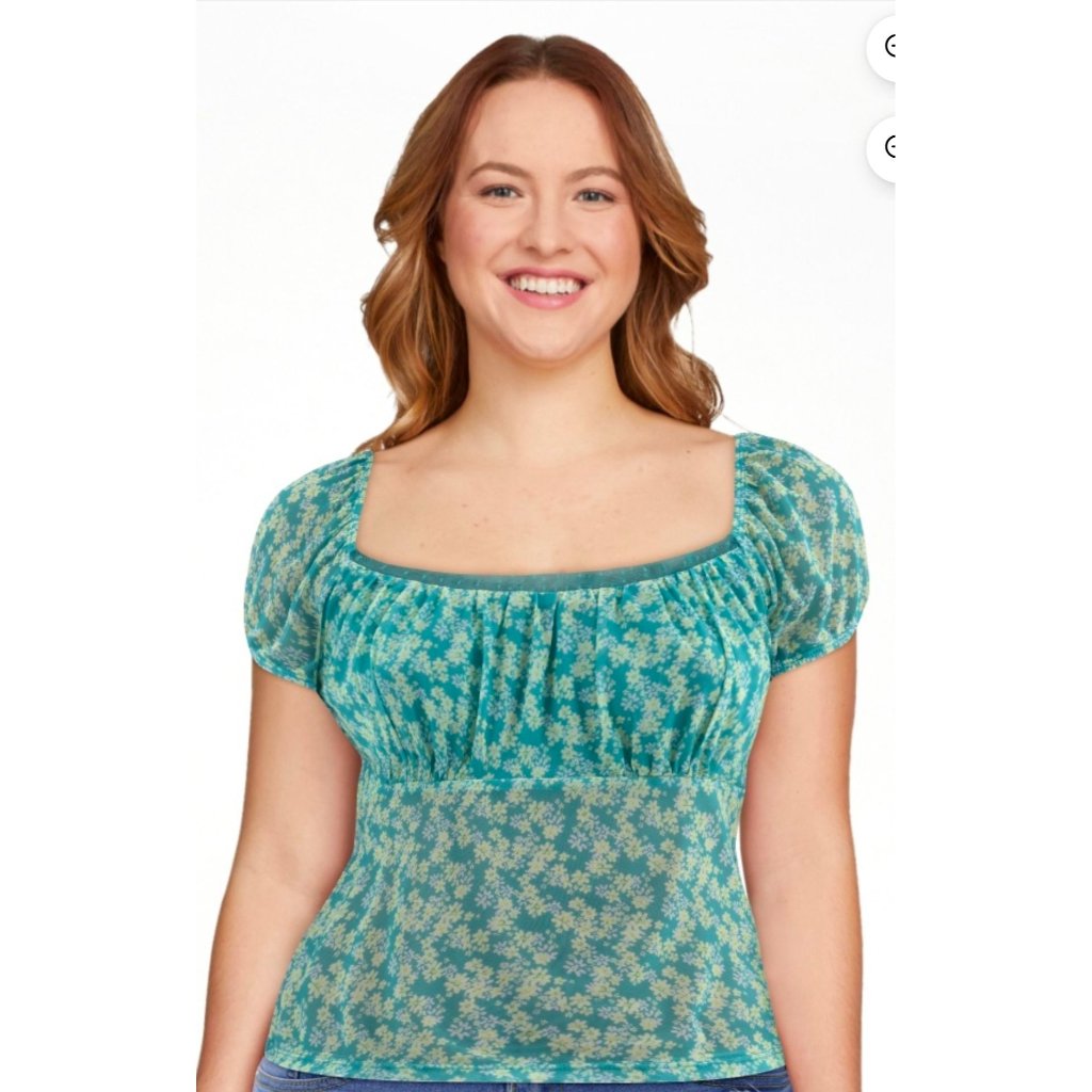 No Boundaries Scoop Neck Floral Mesh Top Women's Size Large (12-14) Nwt Green
